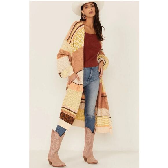 FREE PEOPLE Love and Kisses Patchwork Cardi Pockets Open Front - Picture 2 of 14